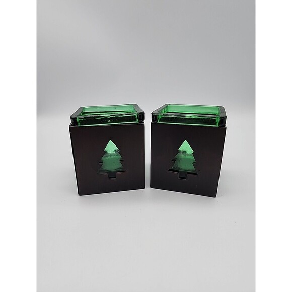 Unbranded Other - Rustic Pine Tree Candle Holders Christmas Winter Cabin Pair of Candle Holders